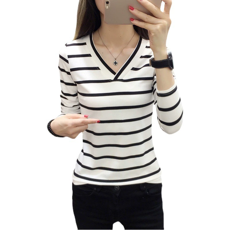 Трансграничная женская одежда больших размеров, весна-осень 2021, новая корейская футболка с v-образным вырезом и длинными рукавами, студентка, полосатая цельная с длинными рукавами, Прямая доставка