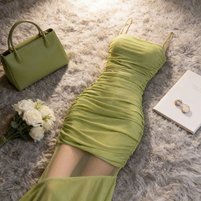 Summer New Style Waist-Cinching Slimming Fishtail Long Dress with Sheer Mesh Splicing and Spaghetti Straps for Women