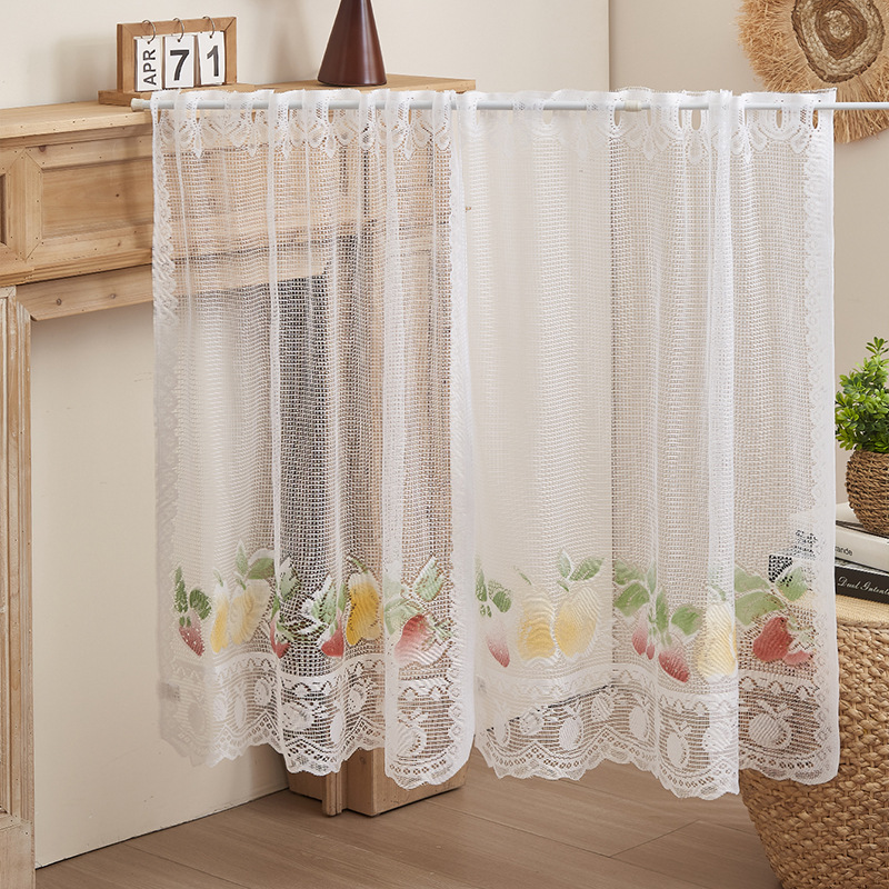 American-style White Knitted Lace Fruit Print Coffee Half Door Curtains_voghion.com