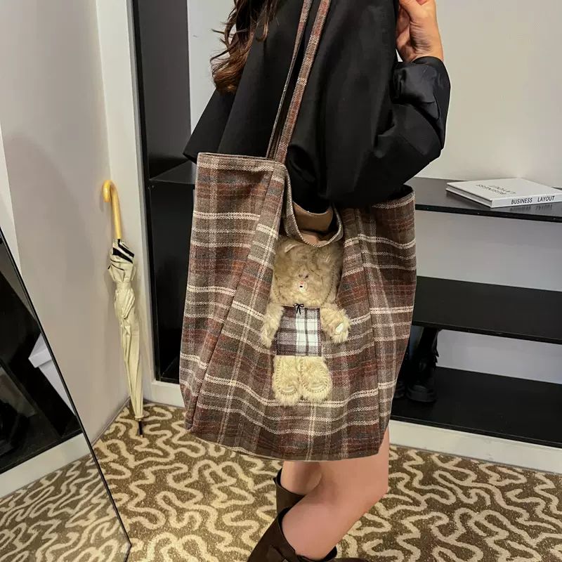 时尚撞色条纹托特包大容量单肩包包女百搭休闲便携布包上课通勤包