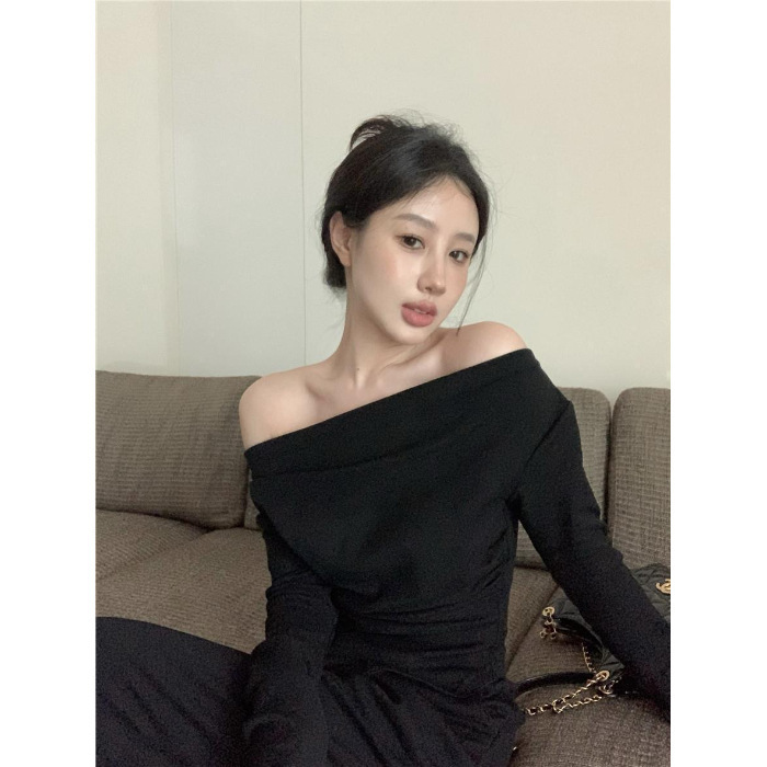 [260 Modal 1*1] Sweet Sexy One-Shoulder Long-Sleeved T-Shirt for Women in Spring and Summer Pure Lust Style Off-Shoulder Asymmetrical