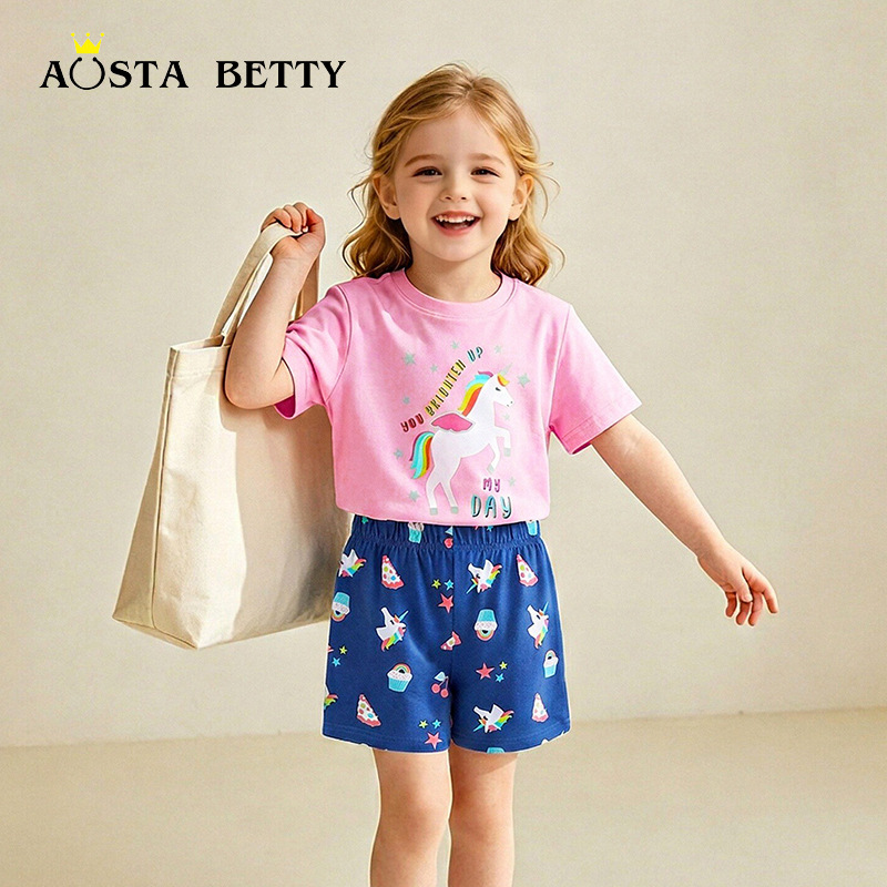 Conjunto de ropa infantil de estilo europeo y americano, conjunto de verano de algodón tejido de manga corta 26, conjunto de dos piezas para niñas con estampado de animales de dibujos animados.