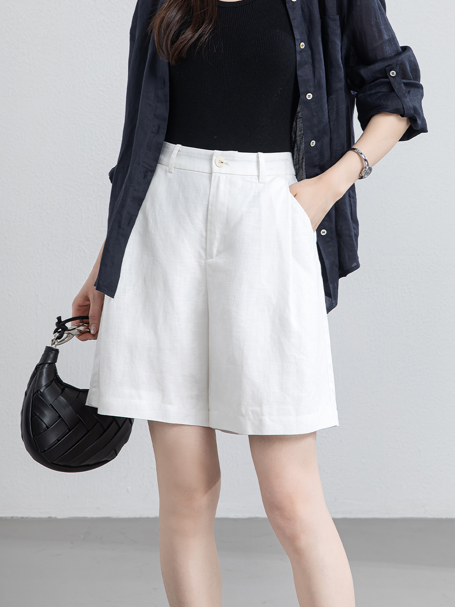 Quần short nữ cạp cao dáng chữ A ống rộng chất liệu linen phối lụa thoáng mát — màu xanh navy