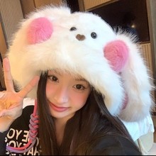 新毛线针织兔耳帽女百搭可爱显脸小加绒保暖时尚帽子女兔耳朵冬季