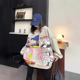 American Retro Stitching Crewneck Sweatshirt Women's 2025 New Explosions Spring and Autumn Cartoon Design Niche plus size Top