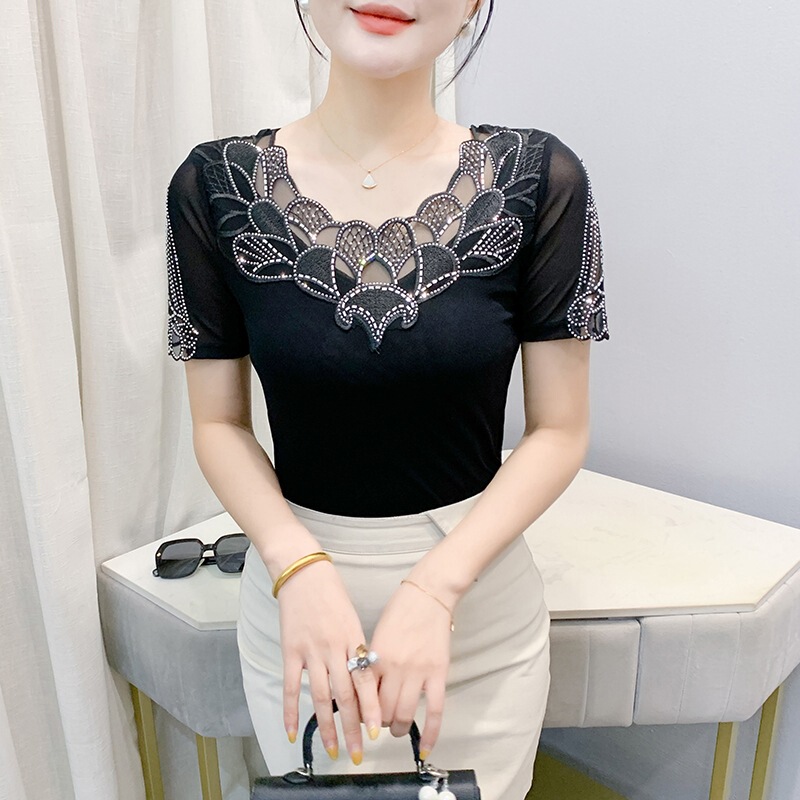 In Stock # Elegant Lace Splicing Rhinestone Top, Versatile, High-Elasticity, Soft and Skin-Friendly Mesh Short-Sleeved T-Shirt