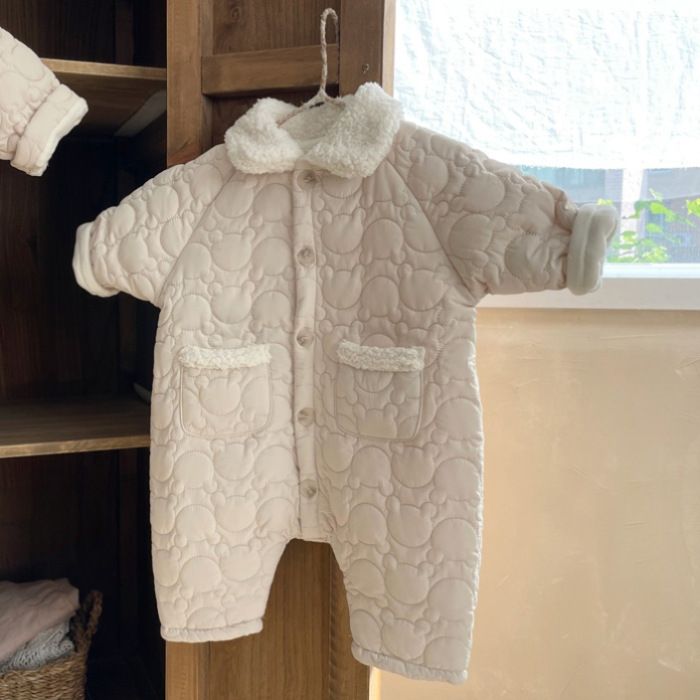 INS estilo coreano bebé niños y niñas de invierno solapa bolsillo de manga larga mono de algodón fino mameluco acolchado forrado de lana larga marea escalada