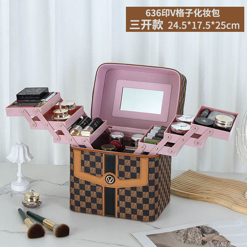 Caja de cosméticos a cuadros en forma de V transfronteriza, bolsa de almacenamiento para el cuidado de la piel portátil, caja de herramientas grande multifuncional portátil de alta gama para mujer