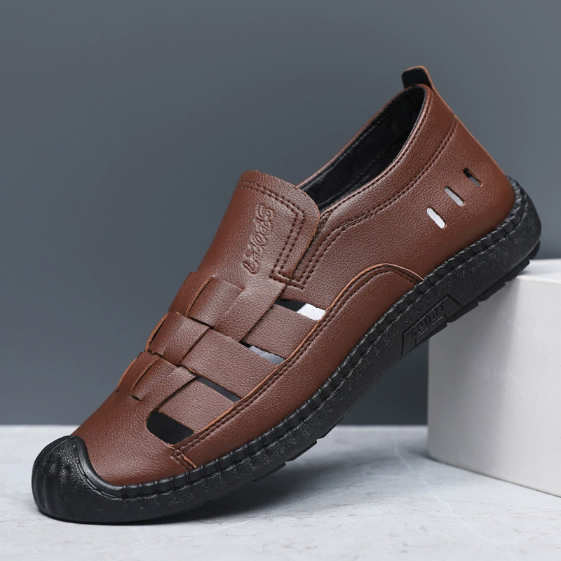 Кожаные сандалии мужские 2023 летние новые полые дышащие бобовые ботинки мягкие подошвы нескользящие ботинки