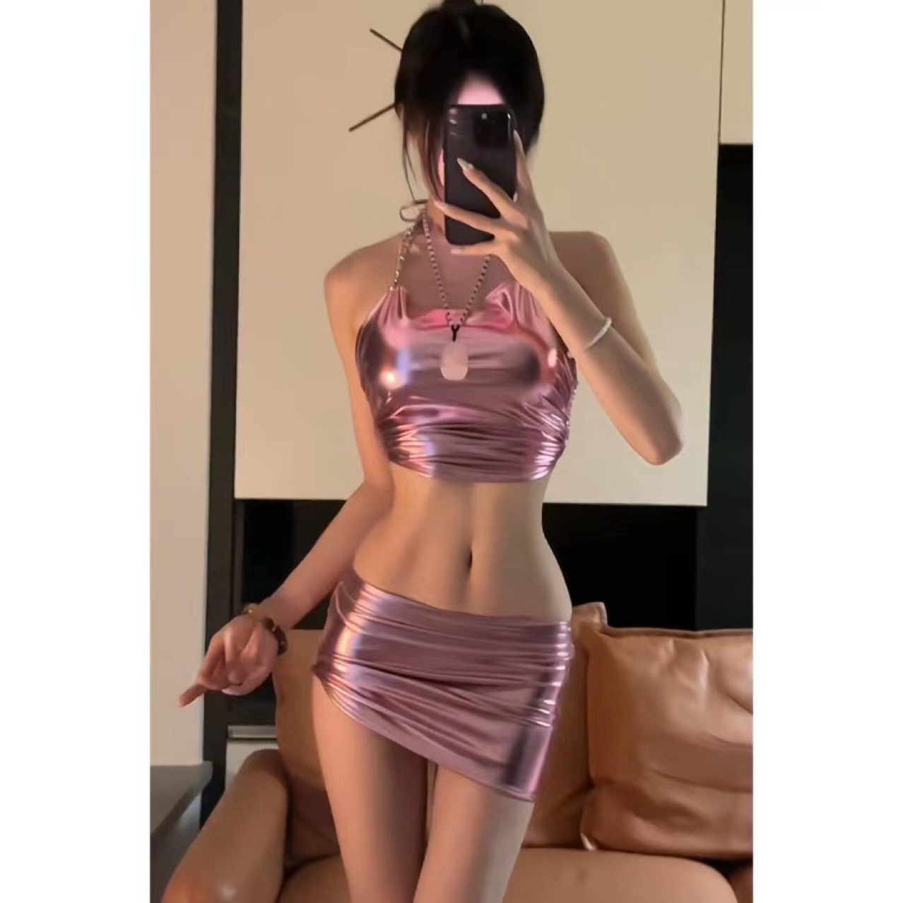 PU Leather Mini Skirt Lingerie Set with Backless Top and Briefs — detail image 6