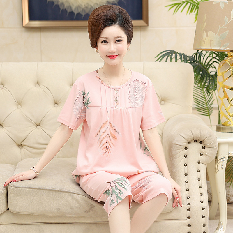 Middle-aged Pajamas Women's Summer Short-sleeved Thin Cotton Mother's Middle-aged Summer Round-neck Home Clothes for Mother-in-law and Elderly
