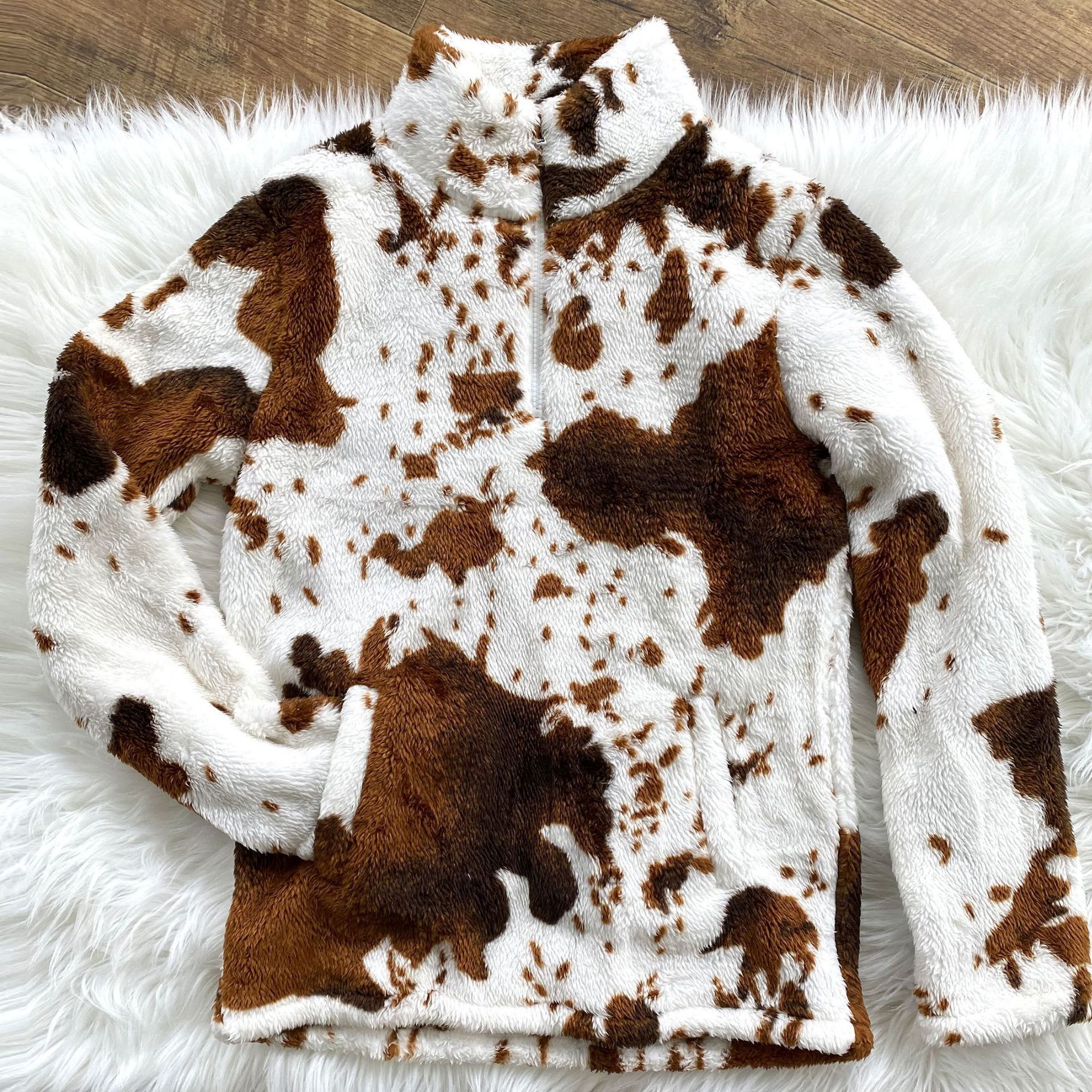 Fashion plush cow print zipper Lady Sweater Coat – rockyfashions