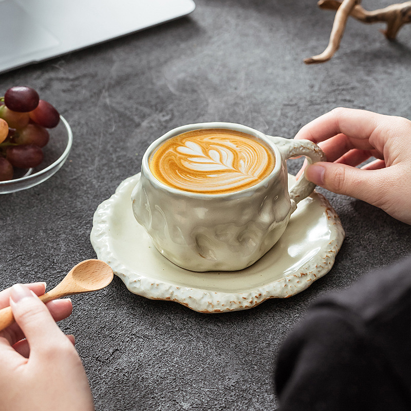 Creative Special-Shaped Ceramic Cup High Beauty Value Master Cup Vintage Mug Light Luxury Irregular Hand-Kneading Coffee Cup Saucer