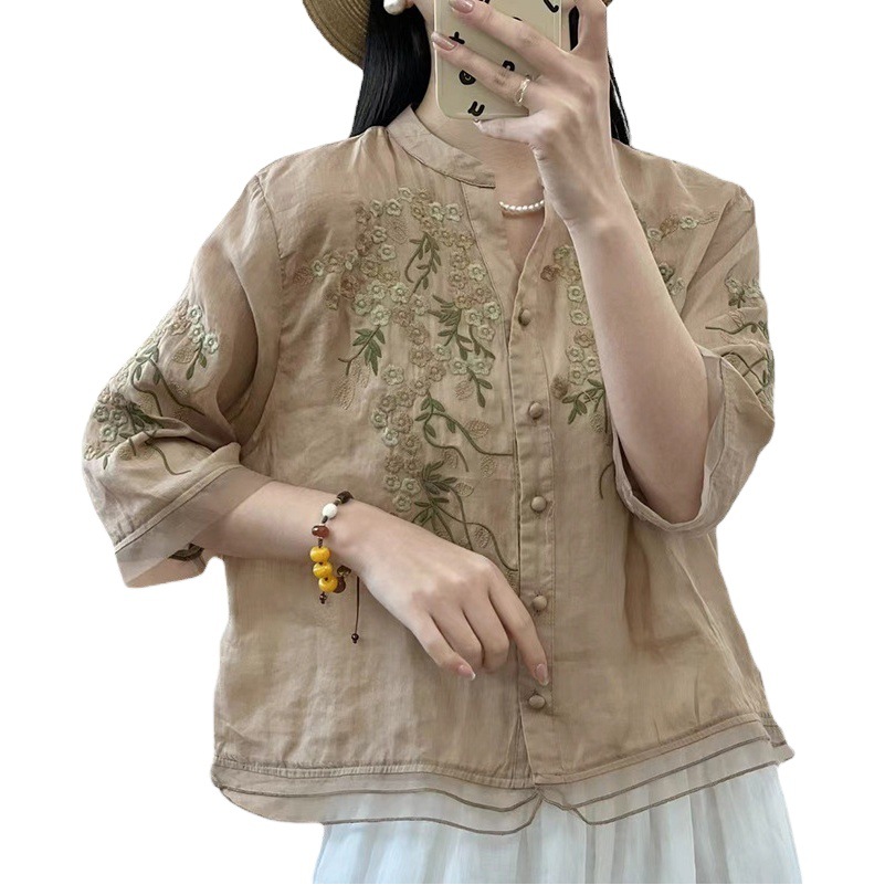 2025 verano nuevo estilo con cuello en V camisa de manga tres cuartos de un solo pecho color sólido bordado literario versión suelta camisa de ramio mujer
