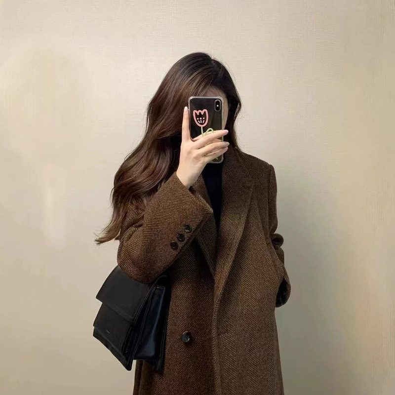 Women's Wool Coat Autumn and Winter Herringbone Woolen Jacket 2025 New High-End Thickened Hepburn Style Trendy This Year