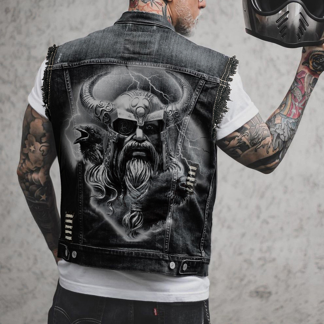 Bullhorn Vestă din denim pentru bărbați, punk sport, guler răsturnat pentru motociclete, 2039_voghion.com