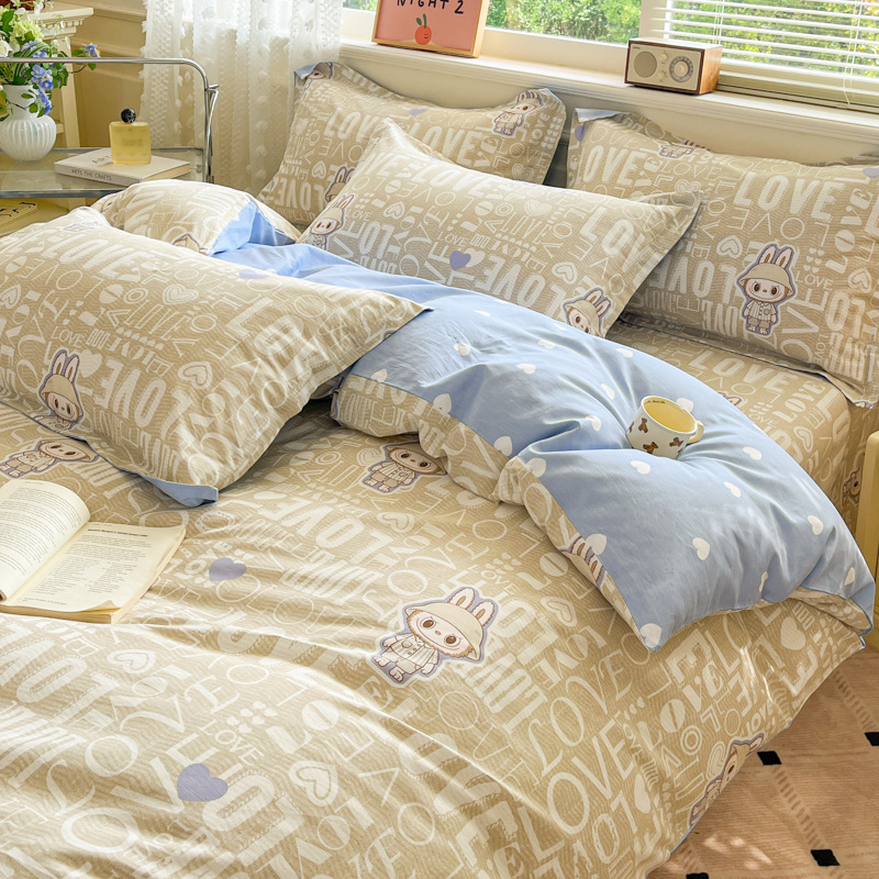 Xiaokaba algodón fresco de cuatro piezas, sábanas de algodón, ropa de cama de tres piezas para estudiantes.