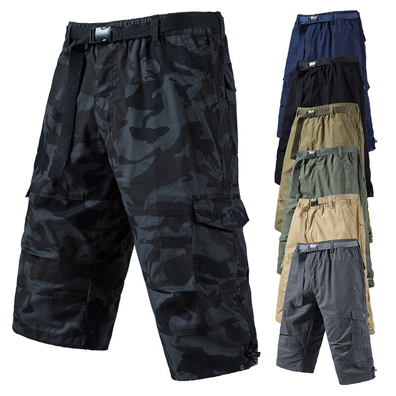 Summer Thin Cotton Cargo Pants for Men, Loose Straight Mid-Length Pants, Trendy Wear-Resistant 7-Point Pants for Export