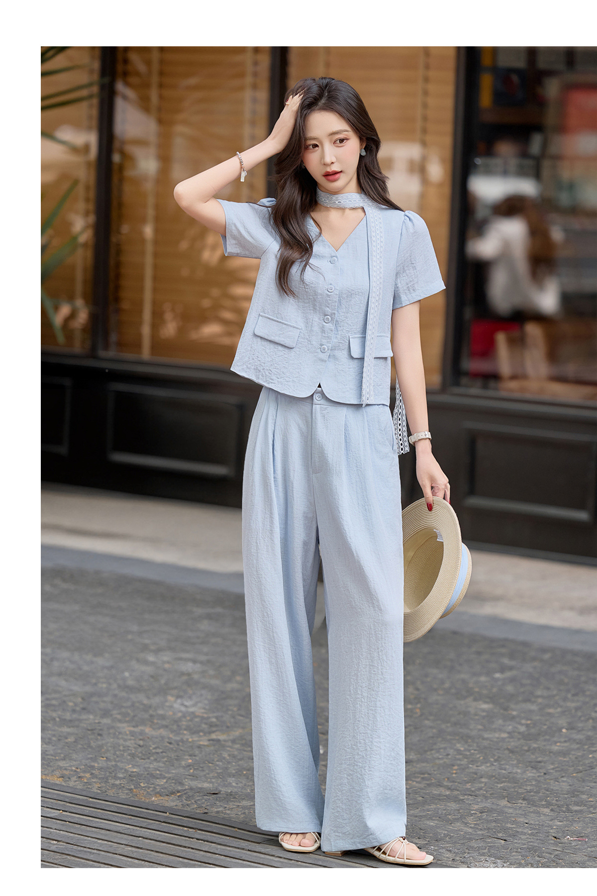 Bộ quần áo hai mảnh nữ mùa hè 2026 áo sơ mi cổ V tay ngắn phối quần ống rộng — Màu ảnh chi tiết 12