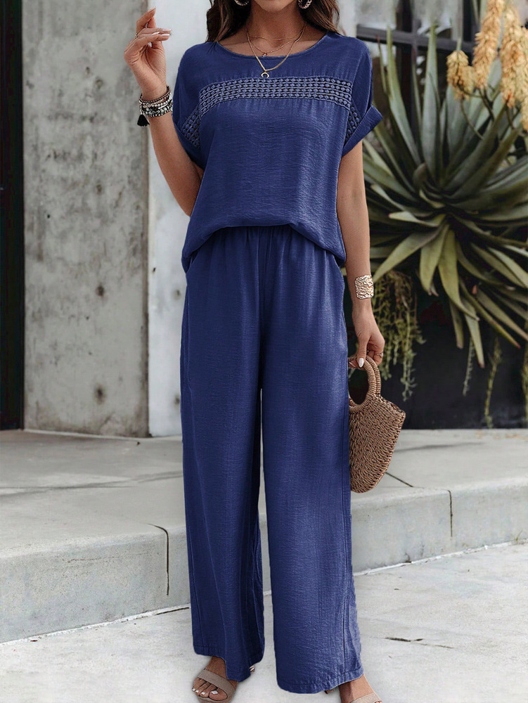 455g Weight Half Sleeve, Half Sleeve Sleeve Length Spandex, Polyester Fabric Type Low Waist Waist Line Short Top Length Pant Co-ord Set, Pant Co-ord Set Sets Type 2 Pieces Set Quantity Casual, Daily Occasion Round Neck, Round Neck Neckline Loose, Loose Fit Type Stripe, Solid Color Pattern Summer, Spring, Autumn Season Women's Gender Hollow Out Design Streetwear, Streetwear Style Apricot Color KaiKuO Women's Fashion Independent Station 2024 Spring Summer Export Casual Fashion Solid Color Short Sleeve Long Pants Hollow Out Set 24