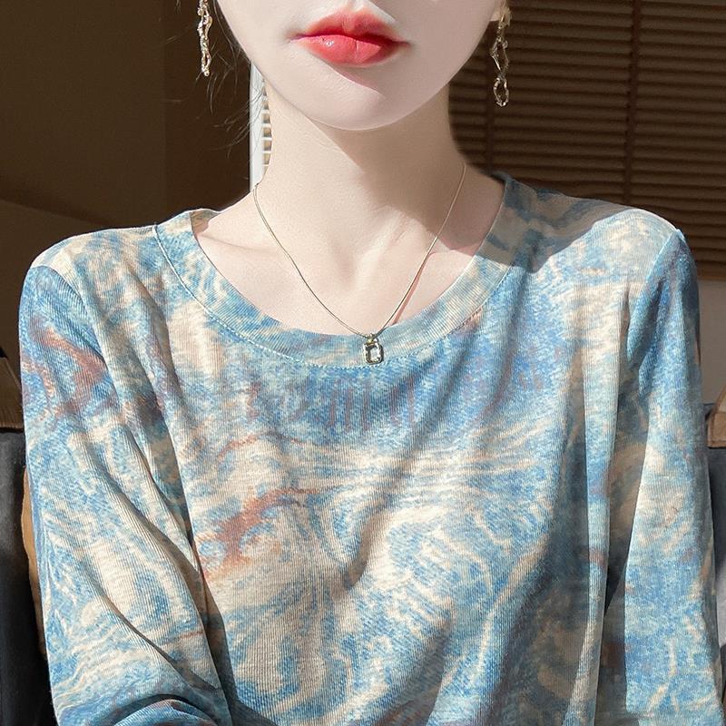复古扎染印花长袖T恤女春季薄款防晒空调衫天丝莱赛尔内搭打底衫|undefined