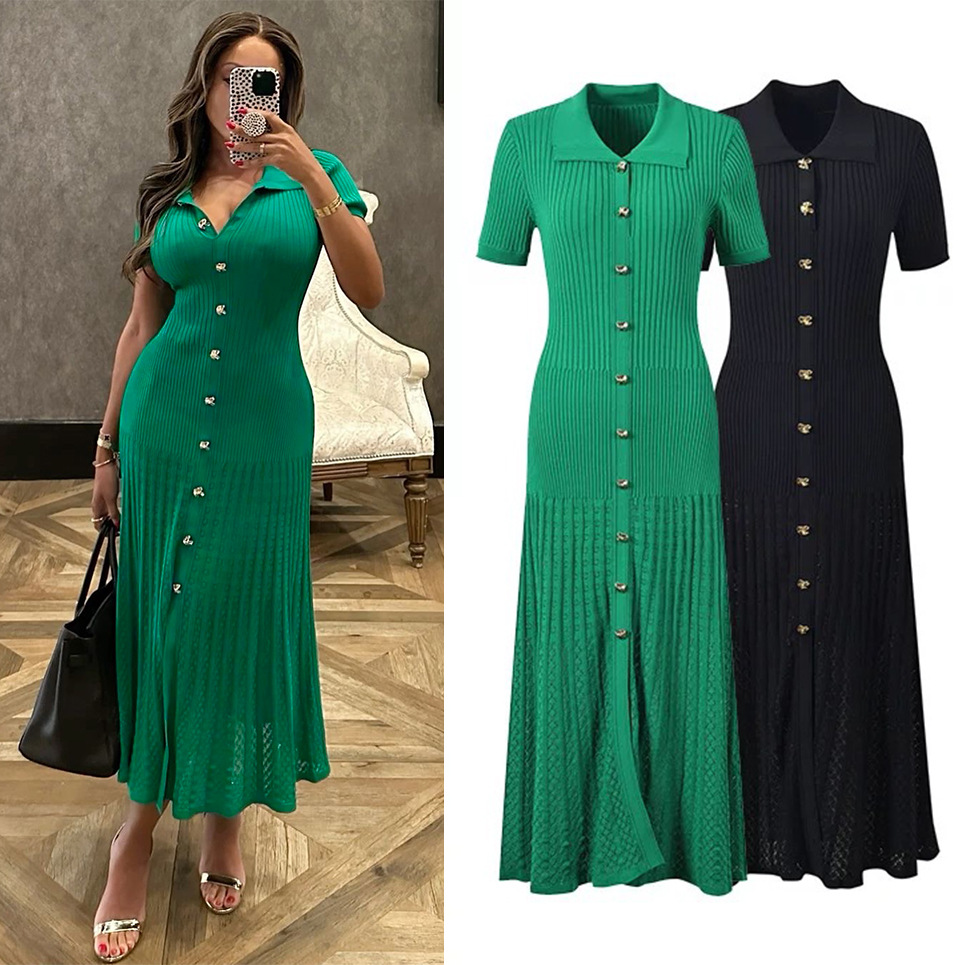 527g Weight Wholesale Women's Simple Style Button Solid Color Holiday Turndown Short Sleeve Sheath Dress