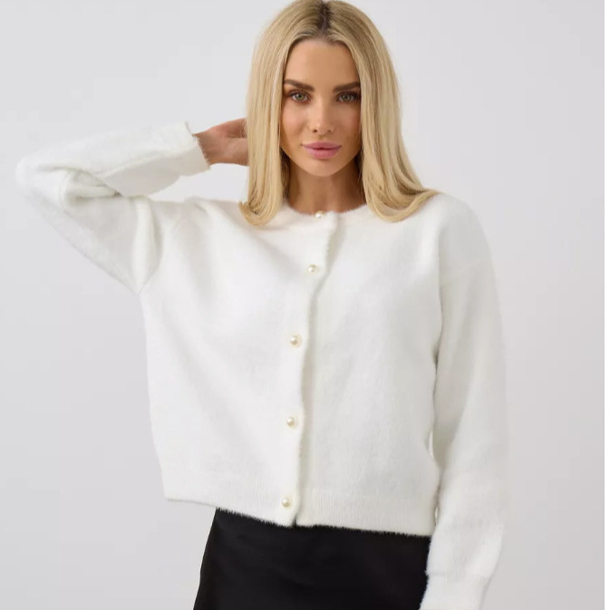 Cross-Border Amazon Autumn New Style Round Neck Pearl Button Imitation Mink Sweater Jacket Short Solid Color Knitted Cardigan for Women