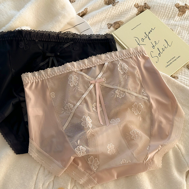 高级感大码绸缎蕾丝女内裤高腰200斤纯棉7A裆性感纯欲三角裤