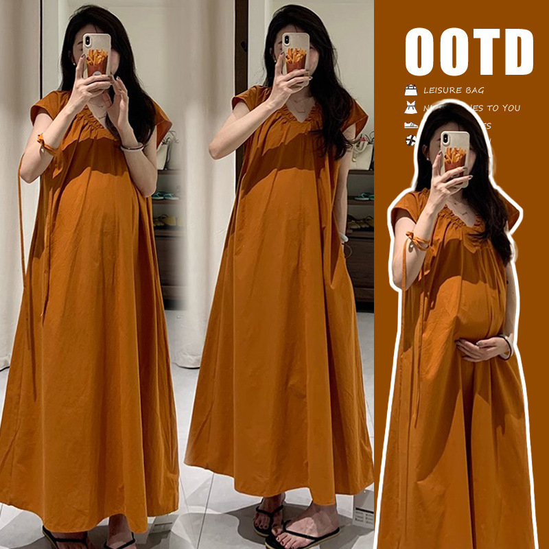 Maternity Wear 2025 Summer New V-Neck Pleated Loose-Fitting Korean Style Flutter Sleeve Belly-Covering Simple Maternity Long Dress Maternity Wear 2025 Summer New V-Neck Pleated Loose-Fitting Korean Style Flutter Sleeve Belly-Covering Simple Maternity Long Dress