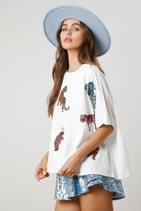 Spring Summer Tiger Sequined Top Casual Loose Fitting T shirt Women