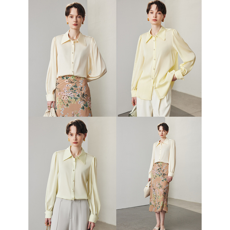 Silk Shirt for Women 2026 Spring/Summer New Style Solid Color Commuter Elastic Double Crepe Pointed Collar Mulberry Silk Top