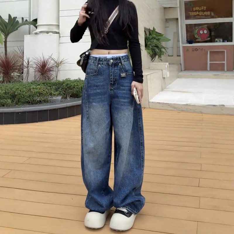 大码弯刀阔腿牛仔裤女秋冬2025新款梨型身材胖mm显瘦宽松直筒裤子|undefined