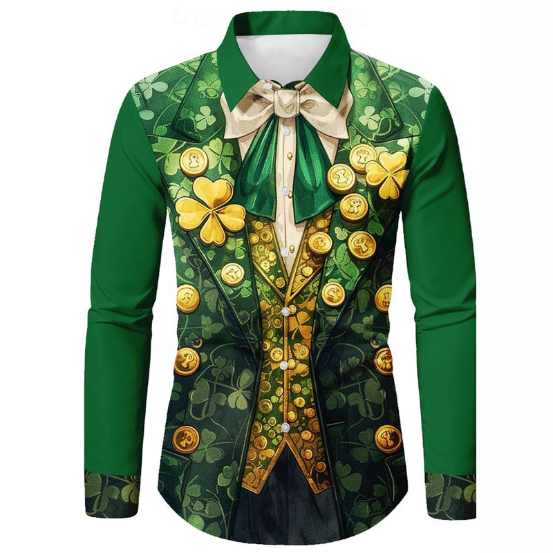 New St. Patrick's Day Men's Shirt Clover Tuxedo Long Sleeve Shirt 3D Digital Print Clothing