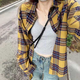 美式复古黄色格子防晒衬衫女夏季宽松衬衣设计感小众法式长袖上衣