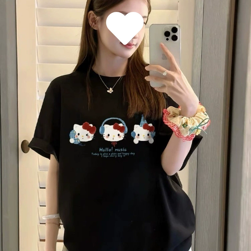 [Горячая распродажа в магазине] Черная футболка с короткими рукавами из чистого хлопка с котенком для женщин, маленькая летняя новая свободная шикарная футболка в корейском стиле