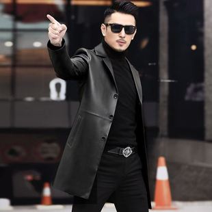 Men's Coat Mid-Length Leather Jacket Black Lapel Business Leather Jacket Spring & Fall Thin Soft Leather Men's Pure Cowhide