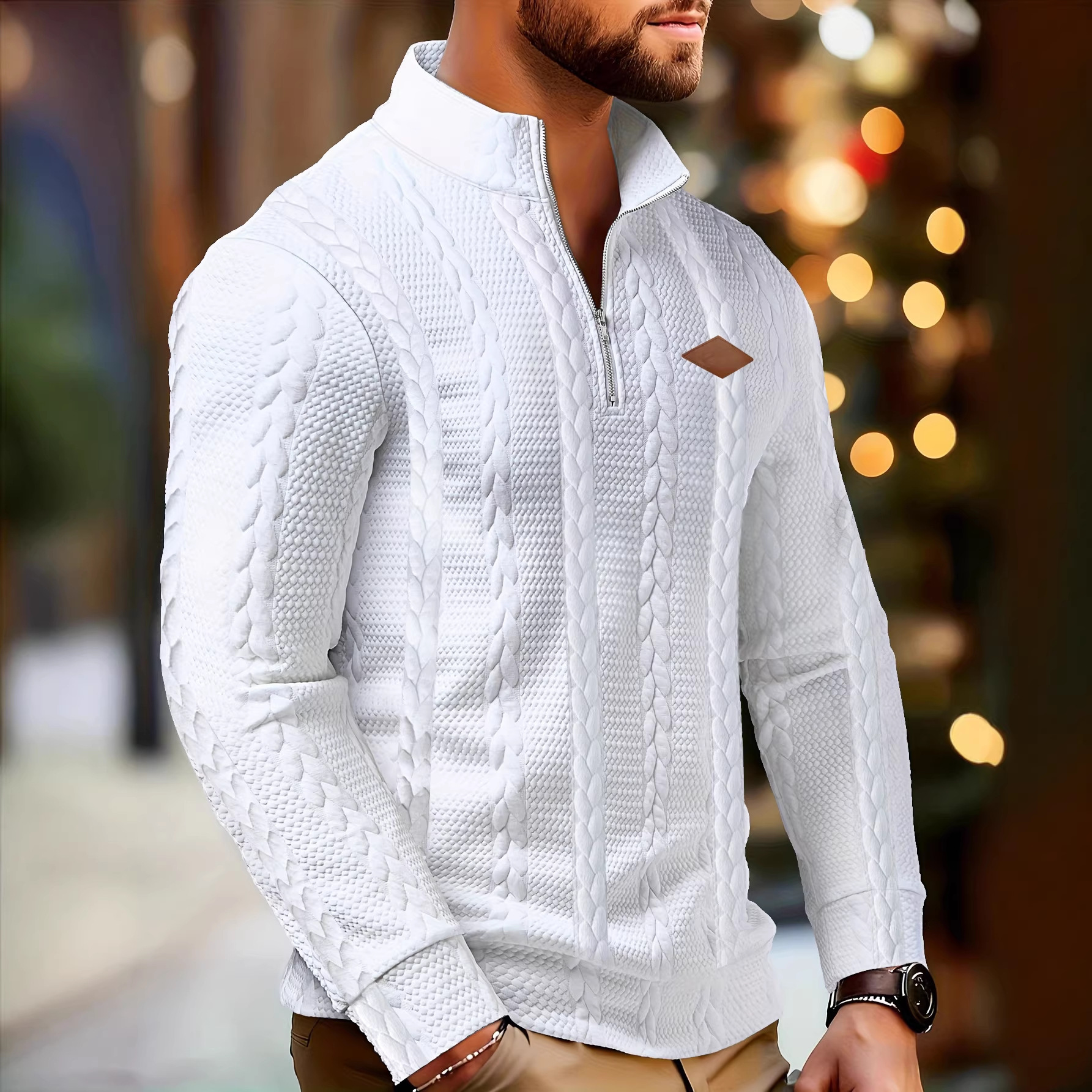 Lässiger Herren-Pullover mit Stehkragen, langen Ärmeln und Jacquard-Strickmuster – leicht und stylisch für Frühling und Herbst_voghion.com