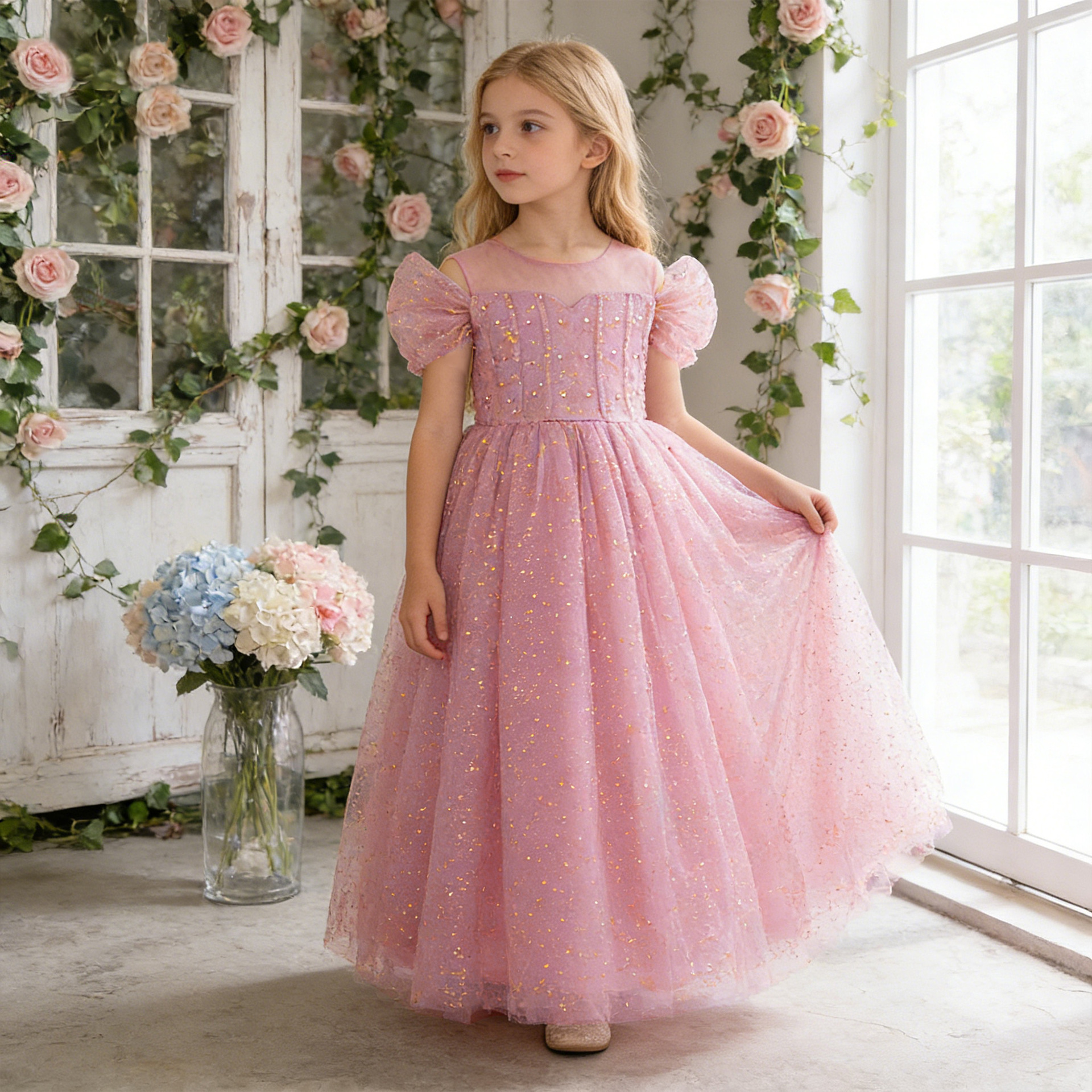 Comercio exterior transfronterizo Vestido para niños Vestido de princesa Lentejuelas Mangas abullonadas Tela forjada Chica de las flores Vestido de fiesta para niña Vestido de noche