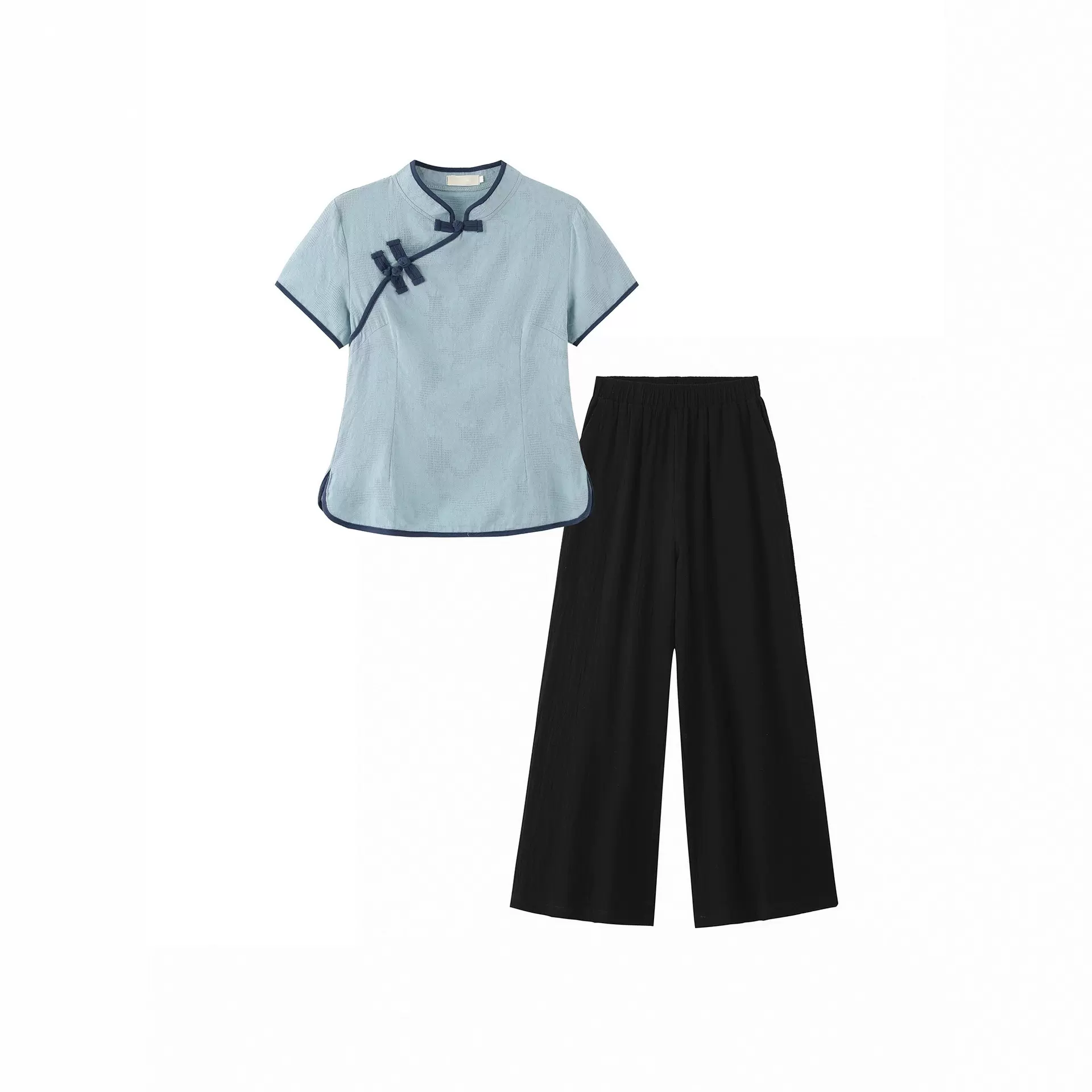 两件套夏季新中式改良短袖旗袍上衣套装中国风女装唐装工作服套装