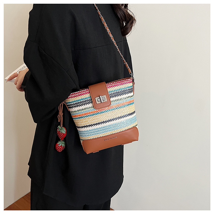 Seaside vacation beach rainbow woven bag for women 2025 Summer New style fashionable, simple, casual and high-quality single-shoulder bucket bag undefined