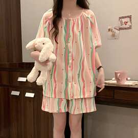 6040棉#睡衣女款夏天宽松短袖短裤夏季春秋少女士家居服套装翻领
