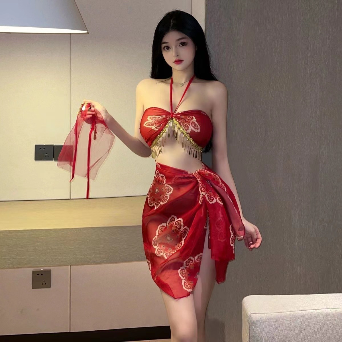 Backless Halter Mesh Hanfu-Style Lingerie Nightdress with Bib Top and Briefs — detail image 7