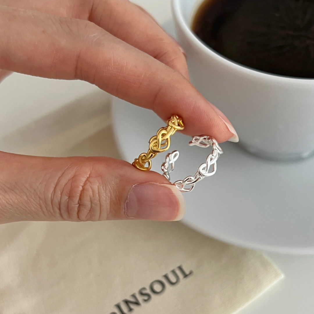 S925純銀編織愛心戒指女韓國ins博主同款小眾設計感新款開口指環