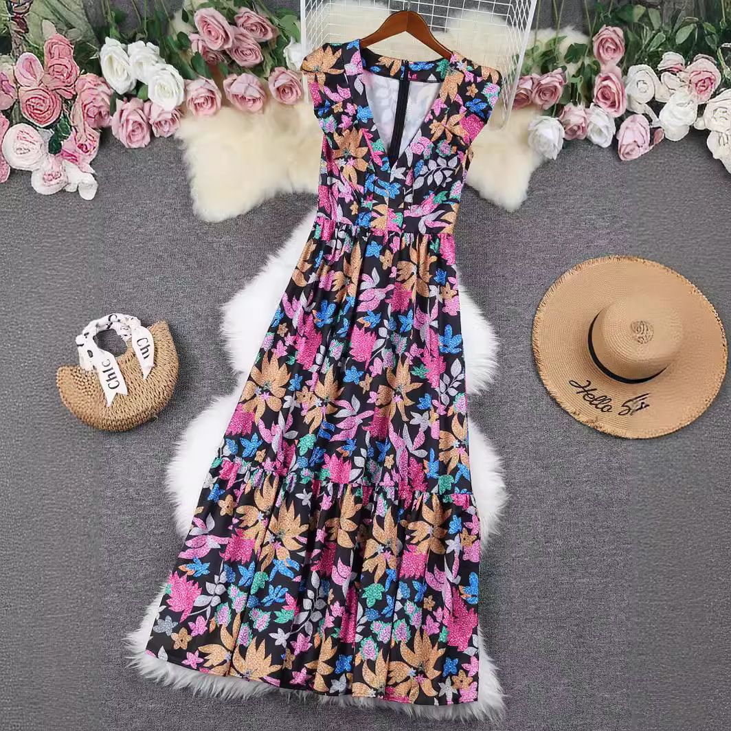 Polyester Fabric Type Wholesale Women's Vacation Leaves Flower Daily Beach V Neck Sleeveless Swing Dress