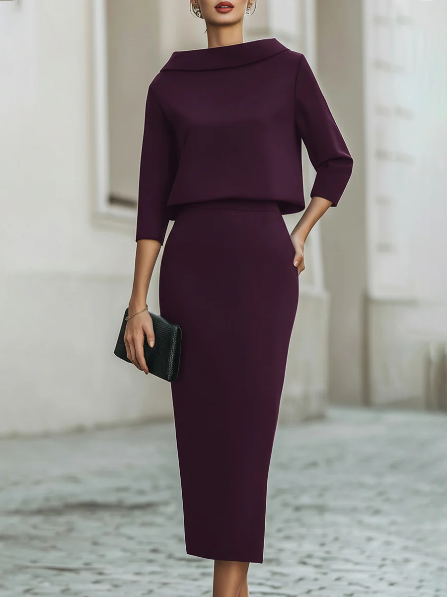 Elegantes Damen Set Mit Boot Ausschnitt Top Und Rock_voghion.com