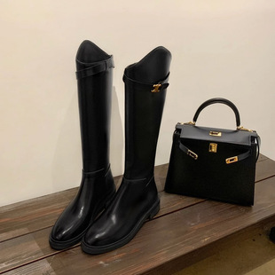 In-Stock and Ships Instantly! Su Yinyin's Same Style Boots, Genuine Leather, Angled Opening, Arc De Triomphe Buckle, Chunky Heel, High Tube Riding Boots for Women, Autumn and Winter