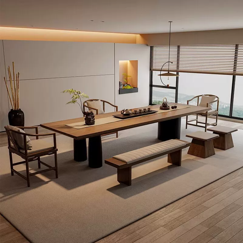 简约轻奢高端家用客厅办公室新中式实木大板泡茶台喝茶桌椅组合