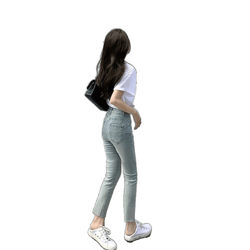 High-waisted skinny mini foot-skimming slimming slightly tapered nine-inch cigarette pants for women 2025 light blue straight-leg jeans for women