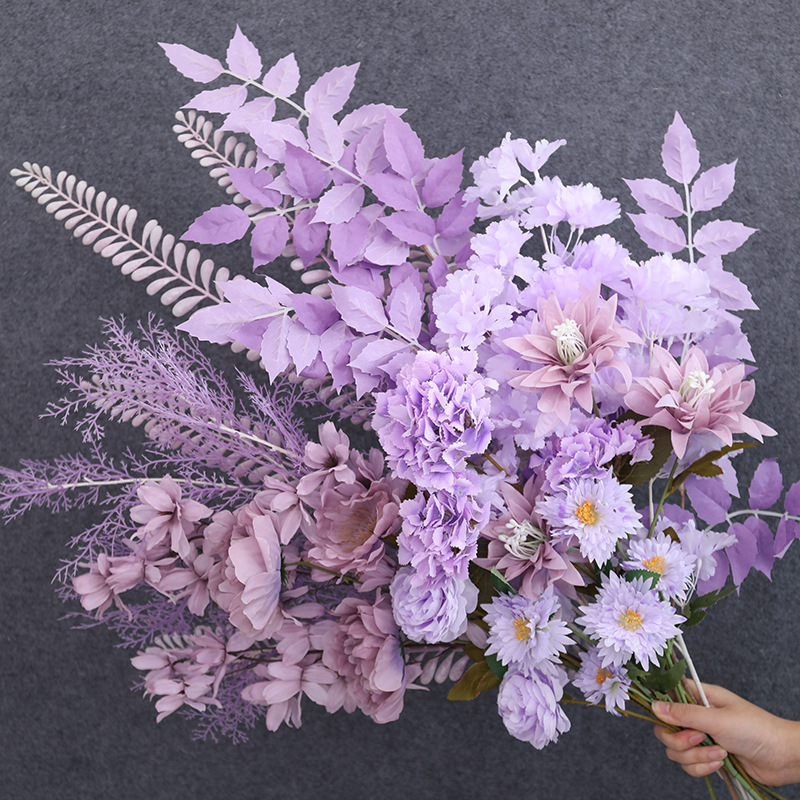 紫色系婚慶仿真花藝婚禮布置裝飾地排花材絹花假花塑料人造花批發