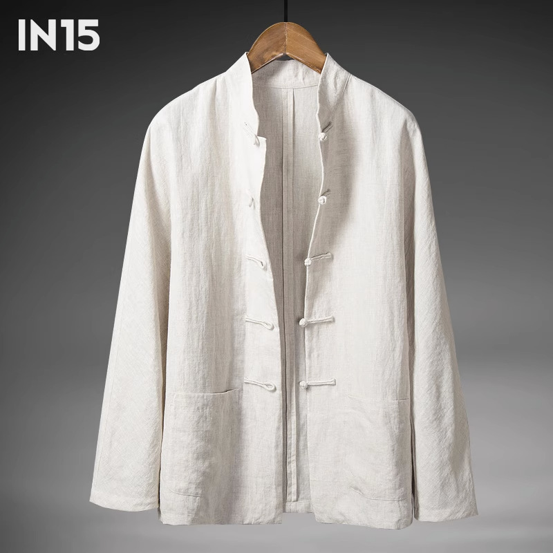 Spring and Autumn New Chinese Retro Men's Clothing Chinese Style Linen Shirt Men's Long Sleeve Cotton Linen Button Shirt Stand Collar Tang Suit